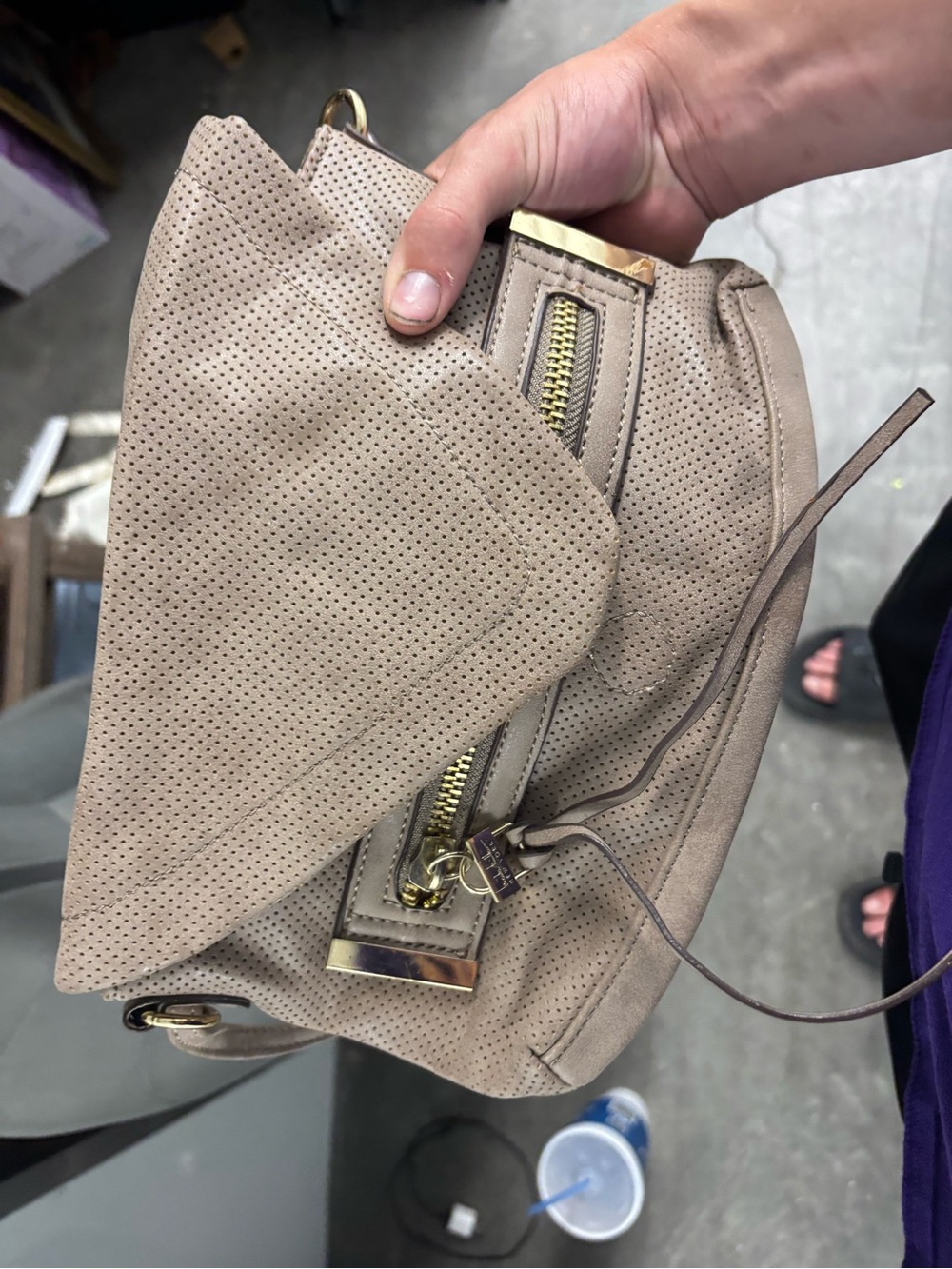 Beige Perforated Crossbody Bag Zip Closure Adjustable Strap Gold Hardware